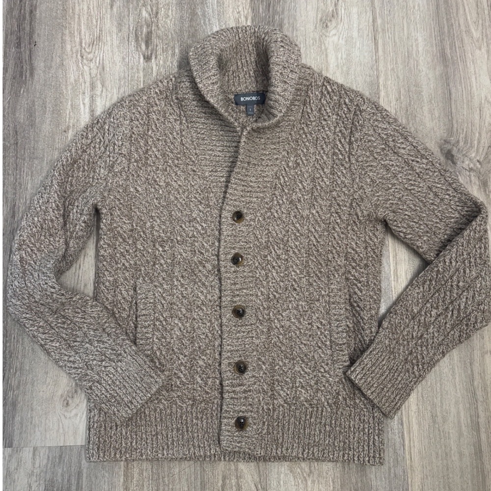 Bonobos Mens Slim Fit Lambswool Cable Knit Shawl Collar Cardigan Beige Small